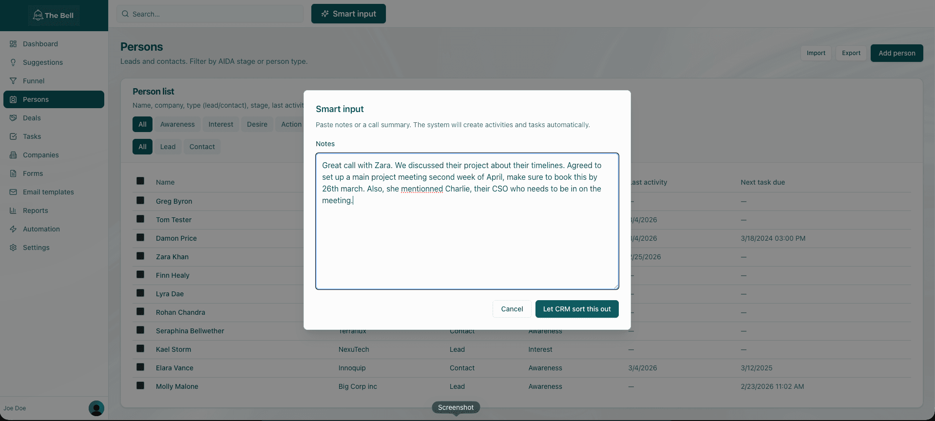 Smart input modal: paste notes or a call summary, click Let CRM sort this out